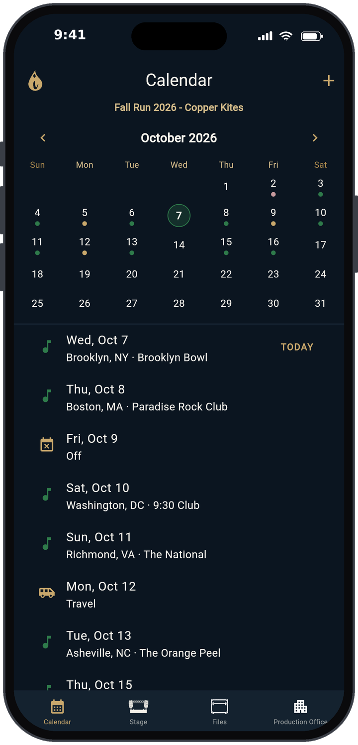 TRMNGR Calendar tab on iPhone: a demo tour month with show, travel and off days listed below.