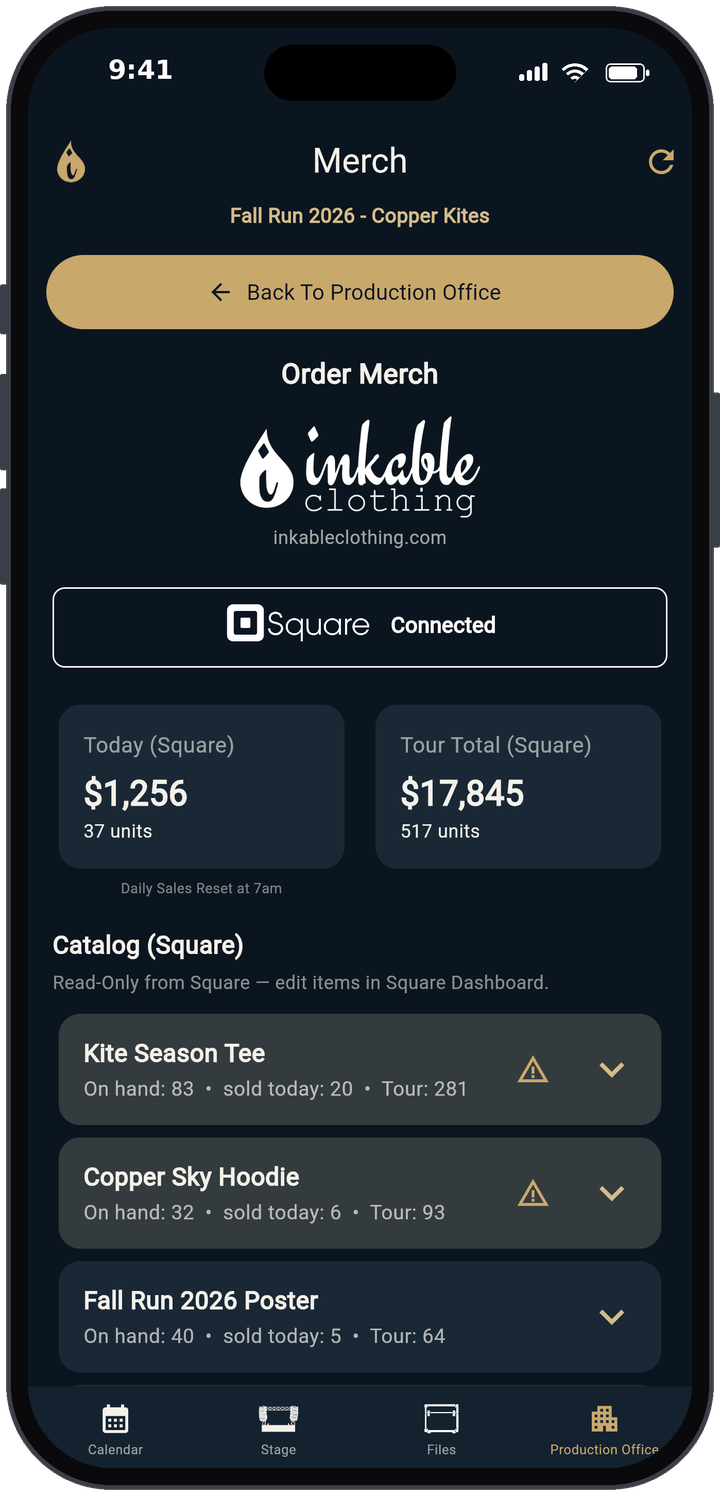 TRMNGR Merch page on iPhone with the Inkable Clothing logo, Square connected, sales totals and a demo catalog.