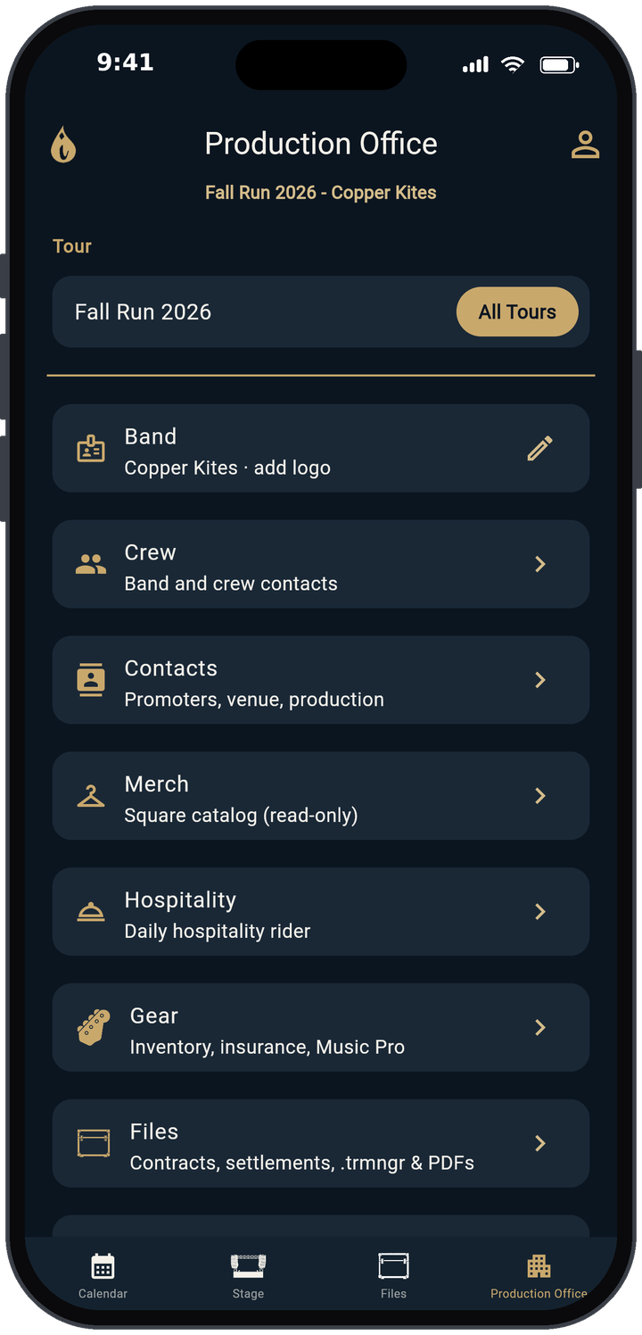 TRMNGR Production Office on iPhone with buttons for Crew, Contacts, Merch, Hospitality, Gear, Files and Flights.