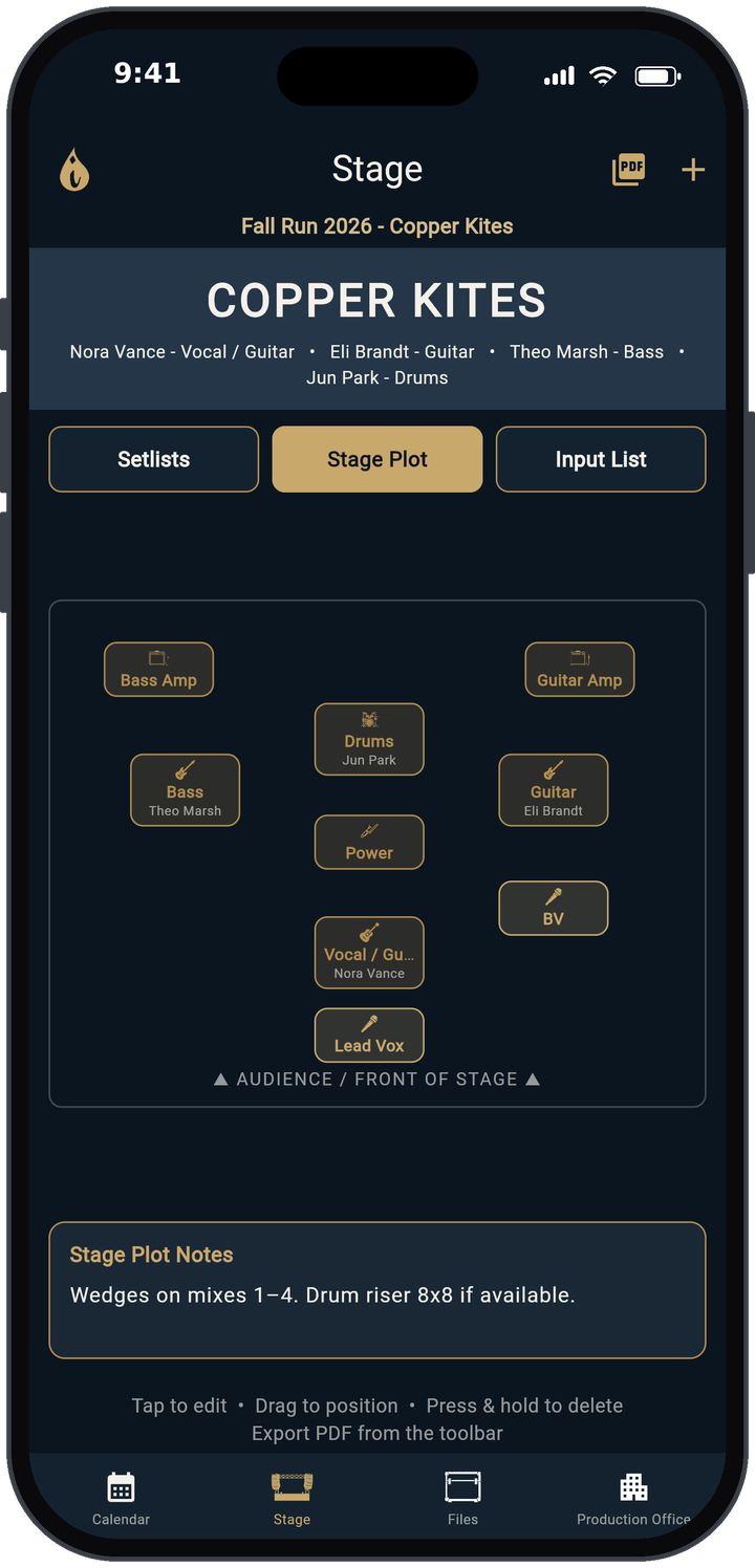 TRMNGR Stage Plot on iPhone with drums, amps, mics and stage plot notes for a demo band.